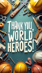 The poster's background is filled with symbols of work with hard hats, stationery, machine gears with a strong slogan: 'Thank You, World Heroes!'