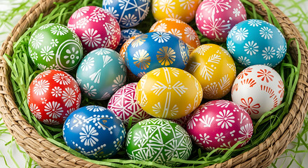 Fototapeta premium colorful hand-painted easter eggs in woven basket