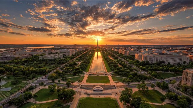 Magnificent sunset over Washington D.C., showcasing the stunning Washington Monument and National Mall.