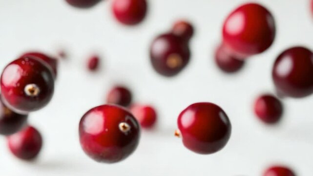 Fresh or frozen cranberries suspended in mid-air