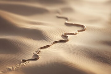 A desert snake slithers across a sunlit dune, its slender body partially buried as it moves, leaving a delicate trail of winding patterns in the sand