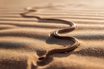A desert snake slithers across a sunlit dune, its slender body partially buried as it moves, leaving a delicate trail of winding patterns in the sand