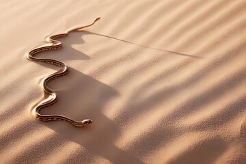 A desert snake slithers across a sunlit dune, its slender body partially buried as it moves, leaving a delicate trail of winding patterns in the sand