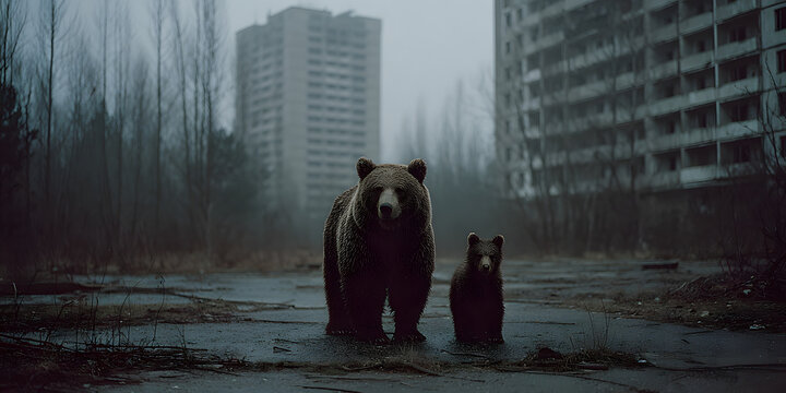 Chernobyl Bear Family: A poignant moment of nature reclaiming the ruins of Pripyat, with a mother bear and her cub standing steadfast amidst the desolation.