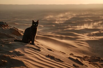 A black cat stands on a sand dune, its gaze focused directly towards the camera. The surrounding landscape glows in orange and brown, with soft shadows stretching across the textured dunes
