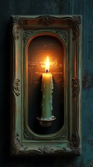 Illuminated waxen taper encased in antiquated frame projecting subtle radiance