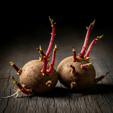 Sprouted Potatoes on Rustic Wood - A Study in Dormancy and Growth.