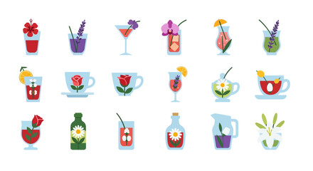 Colorful flat icon set of summer cocktails and beverages.