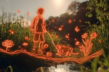 A realistic photo of a bridge on a sunny day, with neon glowing line art of a little boy and his dog chasing a frog with a glowing nose, drawn in thick red lines that glow like neon light