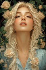 Young woman with long blonde hair, wearing a delicate lace dress, surrounded by blooming flowers, exuding natural beauty and serenity in a soft, ethereal atmosphere