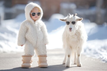 A cute baby in a woolen jumpsuit and boots next to a funny goat wearing dark sunglasses in a winter landscape. Advertising woolen products.