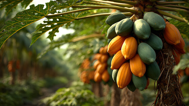 Papaya Farm Bounty: A vibrant close-up showcases a healthy Papaya tree, laden with ripe and unripe Papayas, offering a visual feast of nature's goodness in an agricultural setting.