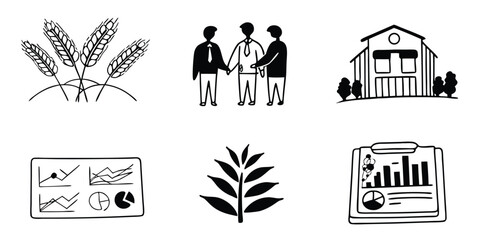 Agriculture Business and Data Analysis, farming growth elements. With data, charts, graphs, handshake, building, barn, wheat, plant, leaf, clipboard, vector illustration. 