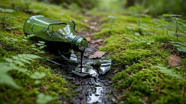 Close-up of shattered glass bottle leaking dark liquid on mossy forest path, symbol of waste and pollution