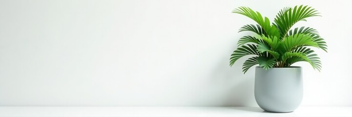 Obraz premium Elegant grey pot kentia palm, lush green foliage White background , grey, green