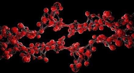 Abstract 3D rendering of a complex molecular structure with red spheres connected by thin lines against a black background.
