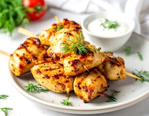 Grilled chicken skewers with yogurt sauce