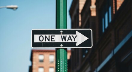 One Way road sign with arrow attached to green metal post in city