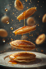 Floating Pancake Stack with Syrup and Bananas in Mid-Air