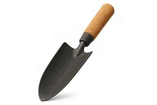 Garden trowel with cork handle and measurement scale