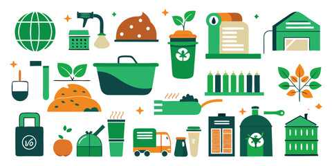 Collection of Flat Design Icons Representing Recycling and Sustainability Concepts. With an eco-friendly, green environment, globe, spray bottle, plant, seedling, garbage bin, vector illustration. 