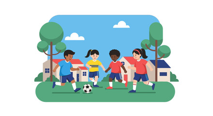 Fototapeta premium Diverse group of happy children playing soccer together outdoors.