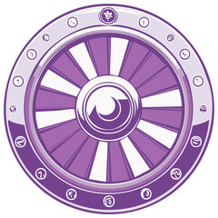 Fototapeta premium Abstract purple and white wheel design with various detailed elements.