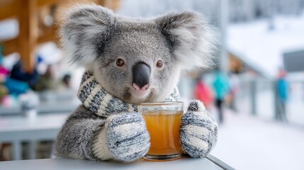 Koala enjoying a warm drink in a winter setting at a ski resort with people in the background