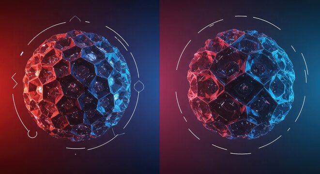 Abstract representation of two cellular structures, one in red and the other in blue, with scientific graphical overlays.