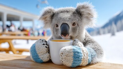 Cute koala enjoys warm drink in cozy setting on a snowy day at a mountain resort
