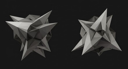 Two abstract geometric spiky grey objects with complex crystalline structures on a dark background.
