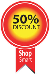 50% Discount Badge with Shop Smart Ribbon - Vibrant Sale Tag Design