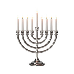 Silver Menorah with White Candles on White Background | Elegant Hanukkah Menorah in Studio Light | Classic Polished Silver Menorah Symbol of Tradition