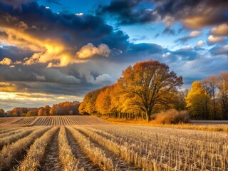 Autumn field at sunset with dramatic cloudy sky