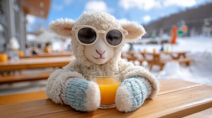 Cute plush sheep wearing sunglasses enjoys a drink on a snowy day in the mountains
