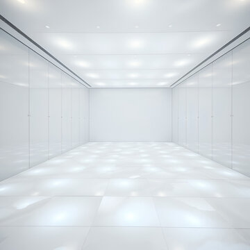 A light room with a floor made of translucent glass, underlit with soft LED lights