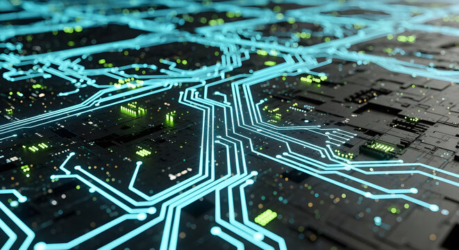 Modern circuit board design with vibrant blue light trails for high tech industry and innovative technology solutions