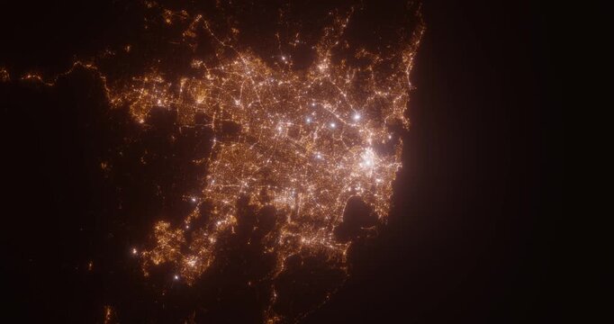 Sydney (Australia) aerial view at night. Satellite view on modern city with street lights. Camera is flying above the city, moving forward