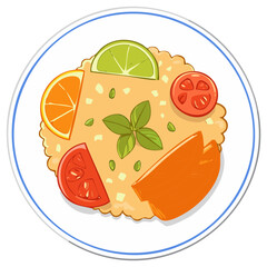 A colorful illustration of a healthy rice bowl with fresh citrus lime, orange, tomato, and basil from a top view
