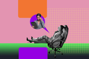 Art sketch 3d image banner collage of happy business partners development bubble remote...