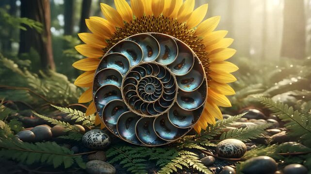 Sunflower with nautilus shell spiral, golden ratio nature animation