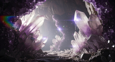 Discover the enchanting amethyst cave, a mystical world of sparkling crystals and glowing light, a magical place to explore and admire