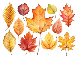 Collection of watercolor autumn leaves on white background