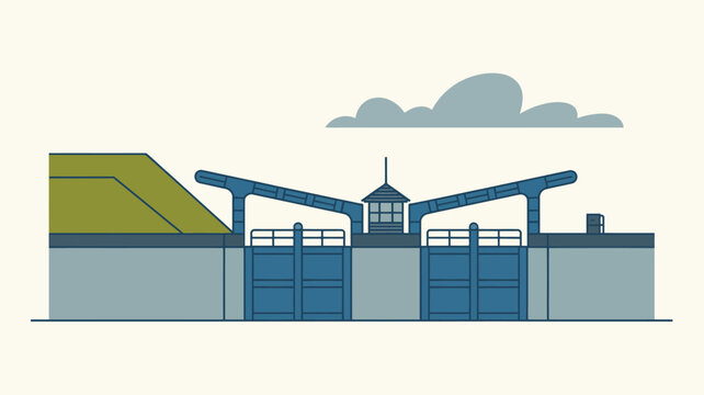 A simple illustration of a canal lock with a small building and a cloud in the background art style