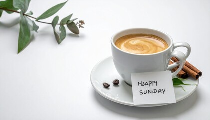 Minimalist Coffee and “Happy Sunday” Note on White Background – Calm and Peaceful Vibes