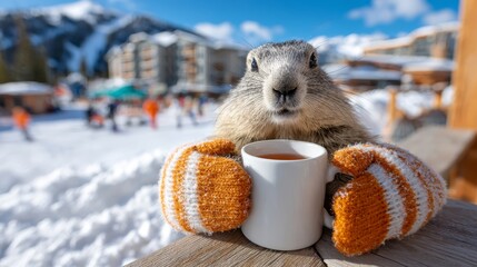 Marmot enjoying warm drink in cozy mittens by snowy mountain resort during winter day