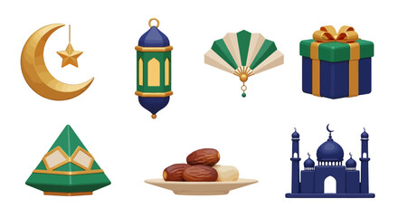 Fototapeta premium Ramadan Elements - Crescent Moon, Lantern, Fan, Gift, Pyramid, Dates, and Mosque.