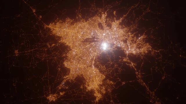 La Paz (Bolivia) aerial view at night. View on modern city from space. Camera is zooming in, rotating counterclockwise