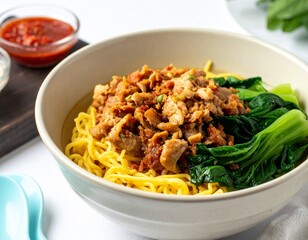 Mie Ayam, Indonesian chicken noodle soup with bok choy and sambal