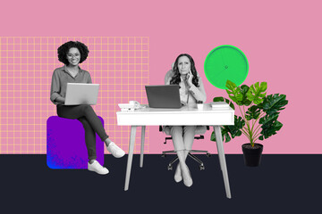 Artwork banner sketch 3d photo collage of happy business partners sit office workplace surf laptop company progress manager